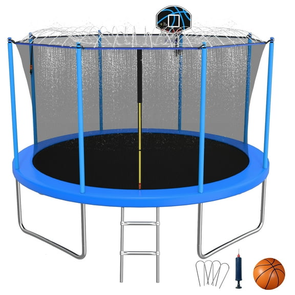 10FT Trampoline for Adults/Kids Outdoor Trampoline with Enclosure Net Basketball Hoop Sprinkler Wind Stakes Ladder Recreational Trampoline for Backyard