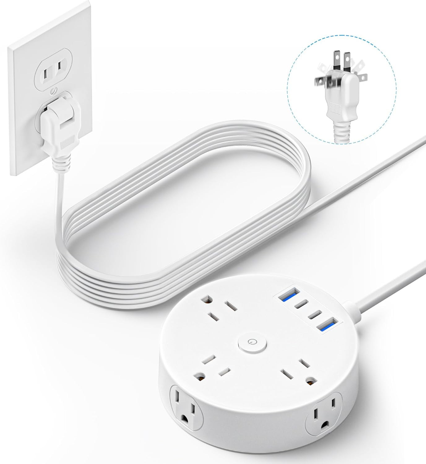 10FT 2 Prong Power Strip, 2 Prong to 3 Prong Outlet Adapter, Flat Extension Cord, Surge Protector with Rotating Plug, 6 Outlets 4 USB(2 USB C), Wall Mount, Ideal for Non-Grounded Outlets