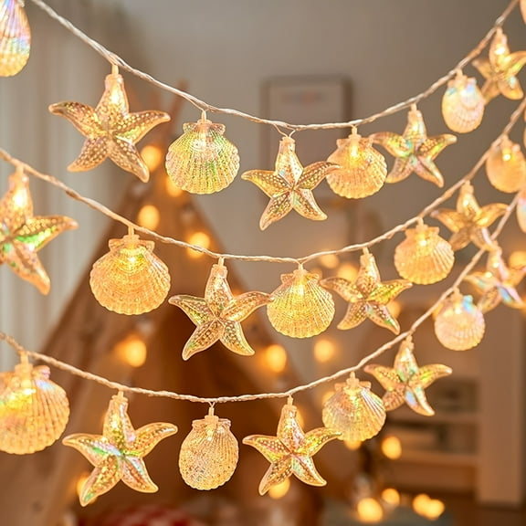 10FT 20LED Starfish & Seashell String Lights, Battery Powered Summer Beach Ambience Fairy Lights, For Home, Bedroom, Party, Festival, Wedding, Outdoor Decor