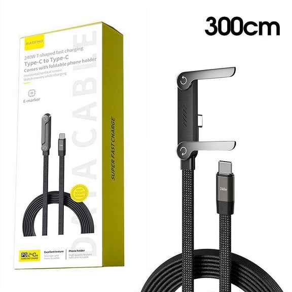 10FT 240W USB C to USB C Fast Charging Cable with Built-in Foldable Phone Holder, 90° Elbow Design, Multi-Angle Adjustable Stand, Zinc Alloy + Braided Cord
