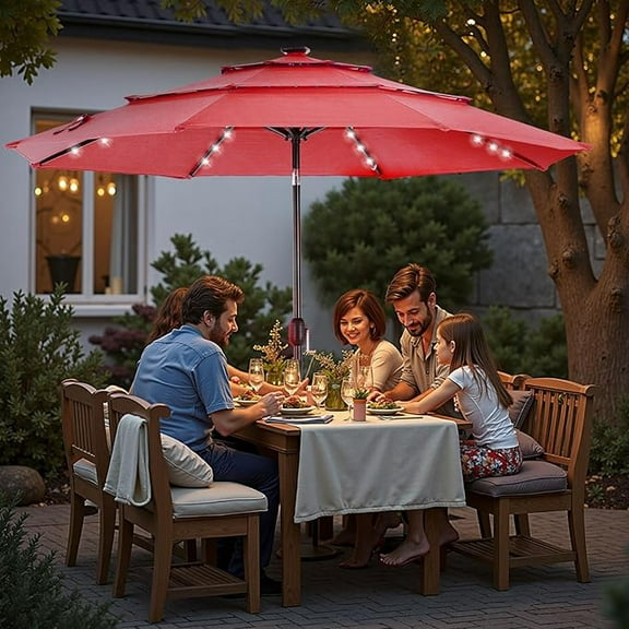 10FT 3-Tier Solar Patio Umbrella with 32 LED Lights, Outdoor Umbrellas with Push Button Tilt and Crank, Tilting Table Umbrella with 8 Sturdy Ribs for Market, Beach, Pool, Garden, UV Protection, Red