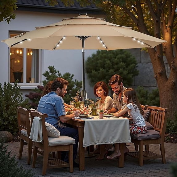 10FT 3-Tier Solar Patio Umbrella with 32 LED Lights, Outdoor Umbrellas with Push Button Tilt and Crank, Tilting Table Umbrella with 8 Sturdy Ribs for Market, Beach, Pool, Garden, UV Protection, Khaki