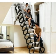 10FT Al-Mg Alloy Attic Pull Down Loft Ladder Stairs - 12 Step Wall Mounted Collapsible Attic Stairs Pull Down System 1300LBS Capacity Foldable Attic Ladders with Armrests