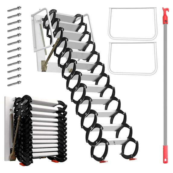 10FT Attic Ladder Pull Down System, 12-Step 660LBS Al-Mg Alloy Collapsible Ladder Pull Down Attic Ladder, Retractable Attic Stairs with Armrests