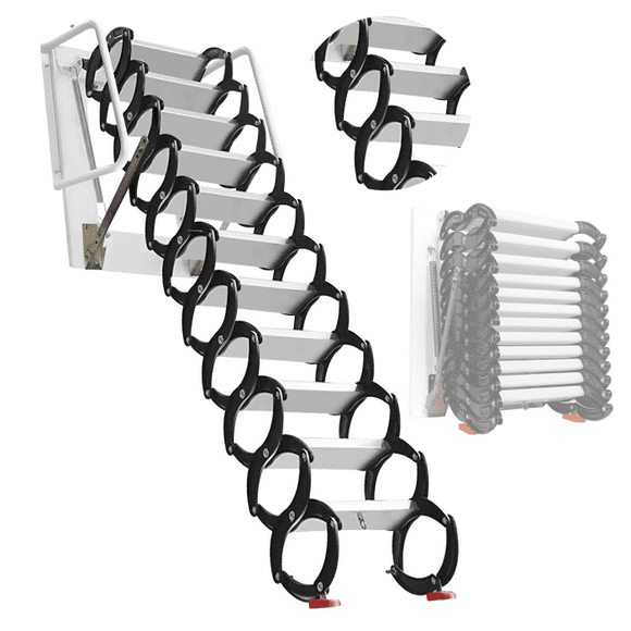 10FT Attic Ladder Pull Down System, 660lbs Capacity, 12 Steps Adjustable, Collapsible Design, Attic Access Ladder, for Garage, Warehouse