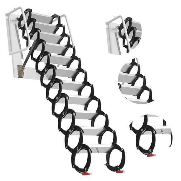 10FT Attic Ladder Pull Down System, Ti-Mg Alloy, 660lbs Capacity, 120" Adjustable Height, Foldable Wall-Mounted Design, for Attic, Garage