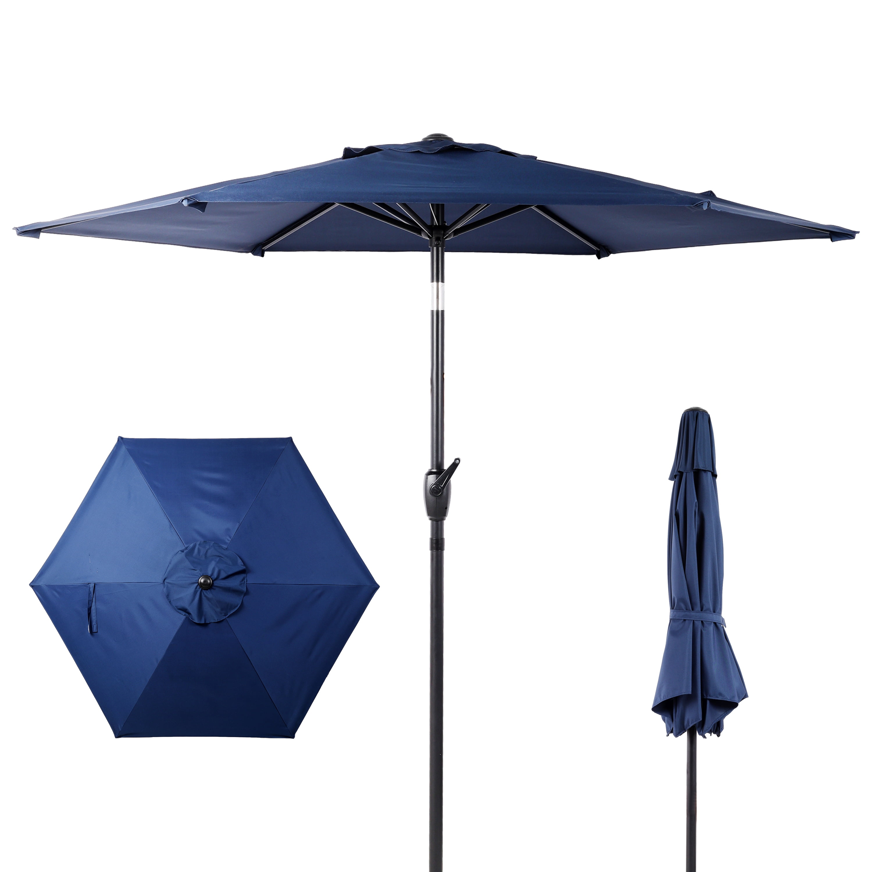10FT Blue Outdoor Market Patio Umbrella with Crank & Push Button 45° Tilt, 6-Rib Iron Pole PA Waterproof Polyester Canopy for Garden Deck Pool Backyard, Base Not Included