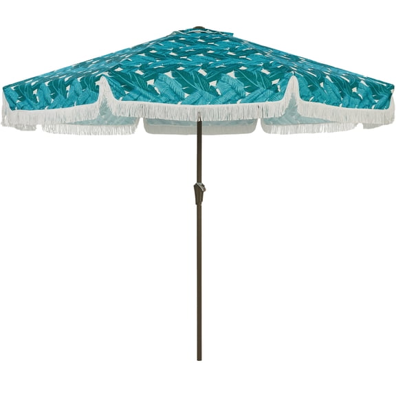10FT Boho Fringe Patio Umbrella - UV50+ Sun Protection - 8 Fiberglass Ribs & Crank Tilt - Outdoor Market Parasol for Garden, Backyard, Pool, Deck, Beach - Leaf Design