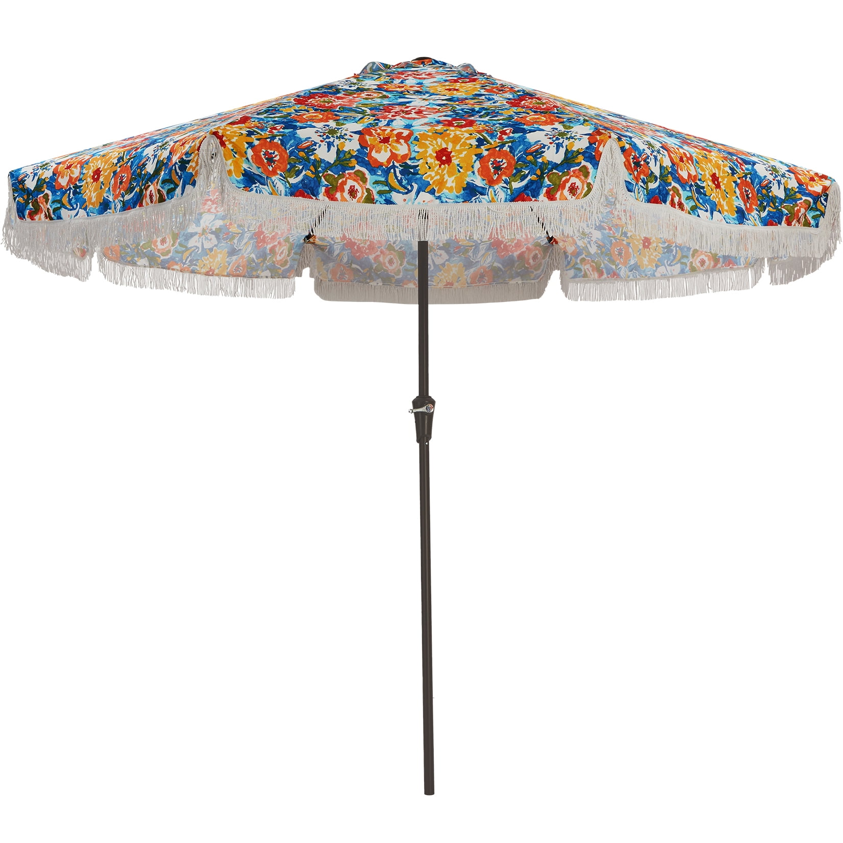 10FT Boho Outdoor Patio Umbrella with Fringe – UV50+ Sun Shade, 8 Fiberglass Ribs, Crank & Tilt, Sturdy Steel Pole for Garden, Pool, Beach, or Backyard - Floral Design