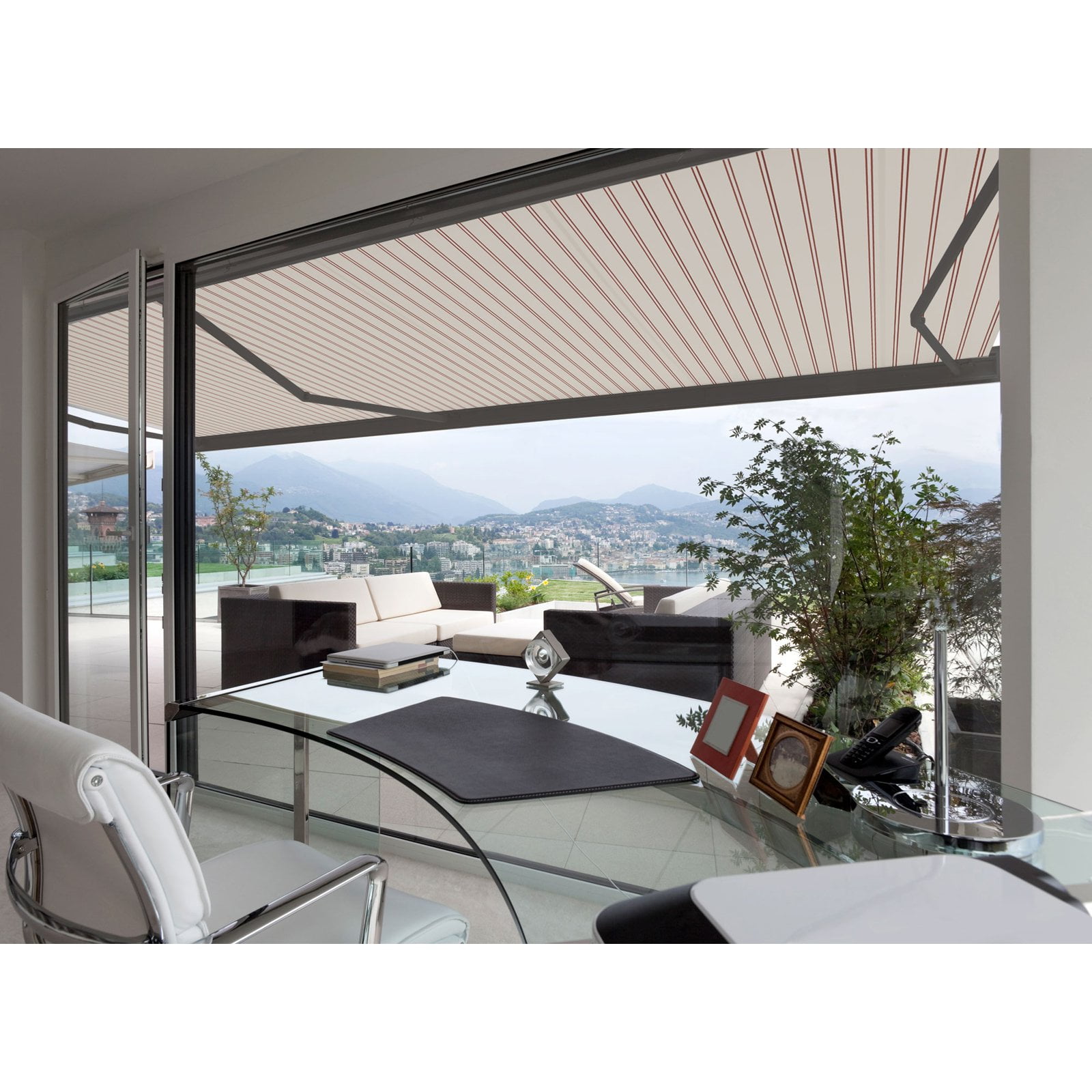 Beige and Red Striped Motorized Patio Awning with Aluminum Frame