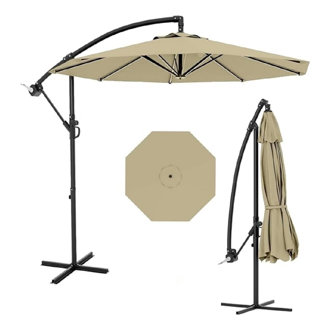 10FT Cantilever Patio Umbrella with Heavy-Duty Cross Base, Outdoor Offset Market Umbrella with Infinite Tilt & Easy Crank Lift – Waterproof, UV-Resistant, Wind-Resistant, Sturdy Aluminum Pole