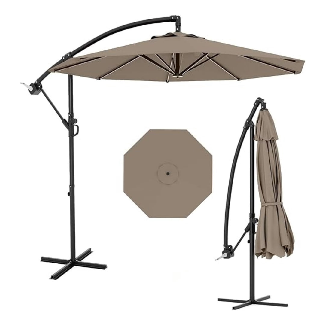 10FT Cantilever Patio Umbrella with Heavy-Duty Cross Base, Outdoor Offset Market Umbrella with Infinite Tilt & Easy Crank Lift – Waterproof, UV-Resistant, Wind-Resistant, Sturdy Aluminum Pole
