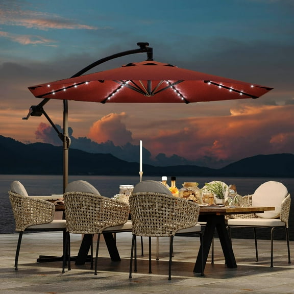 10FT Cantilever Umbrella with Solar Lights, Outdoor Offset Market Umbrella with Infinite Tilt and Cross Base, Outside Patio Umbrellas for Backyard, Lawn, Garden and Pool