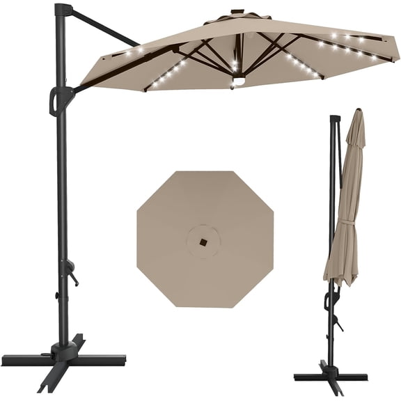 10FT Cantilever Umbrella with Solar LED and 360 Rotation Aluminum Pole for Patio Garden Pool Deck