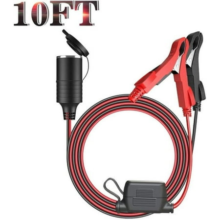 10FT Car Cigarette Lighter Extension Cable, Alligator Clips Extension Cable 12V/24V Adapter Plug Socket Car Charger 16AWG/15A Fuse Car Battery Clip with Dustproof Waterproof(Alligator Clip) Multi-way