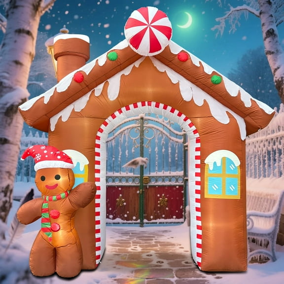 10FT Christmas Inflatables Gingerbread House Archway, Blow up Christmas Inflatables Archway with Gingerbread Man Outdoor Decorations with Build-in LED Lights for Garden Lawn Porch Holiday Party Decor