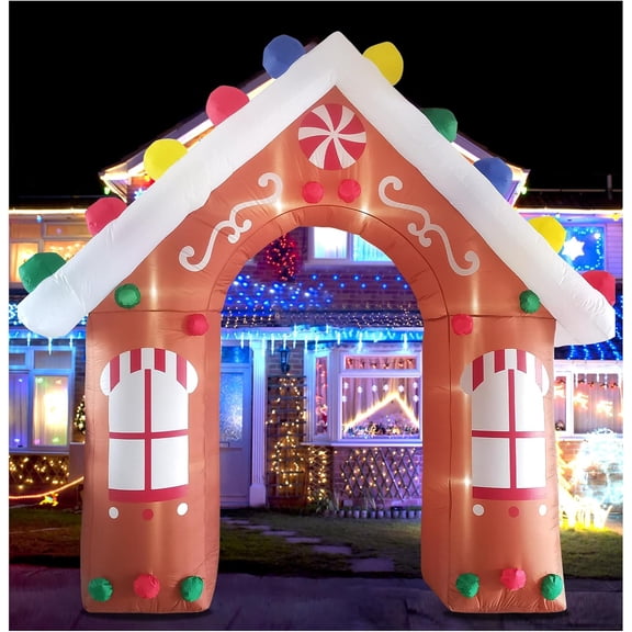 10FT Christmas Inflatables Gingerbread House Archway Outdoor Decorations, Giant Christmas Arch Blow Up Yard Decorations with LED Lights Built-in