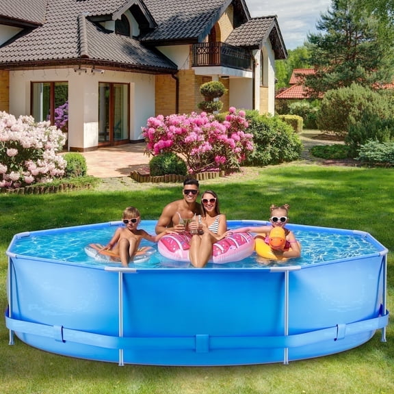 10FT Circular Swimming Pool with Filter Pump Metal Frame Above Ground Swimming Pool for Family Outdoor Backyard Blue 10ftX2.5ft
