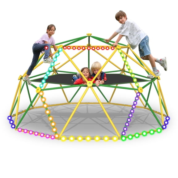 10FT Climbing Dome with Hammock and Led String Light,Fashionsport Outfitters Kids Geometric Climber Dome Jungle Gym Outdoor Play Toddler Play Set for Ages 3-12, Supports up to 880lbs