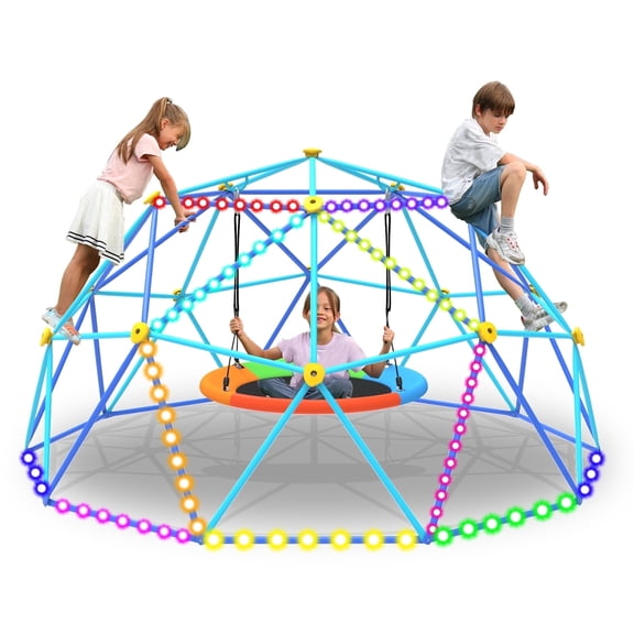 10FT Climber Dome with Saucer Swing and Led String Light,Fashionsport Outfitters Kids Outdoor Jungle Gym Geometric Climbing Domer Outdoor Play Toddler Set for Ages 3-12, Supports up to 880lbs