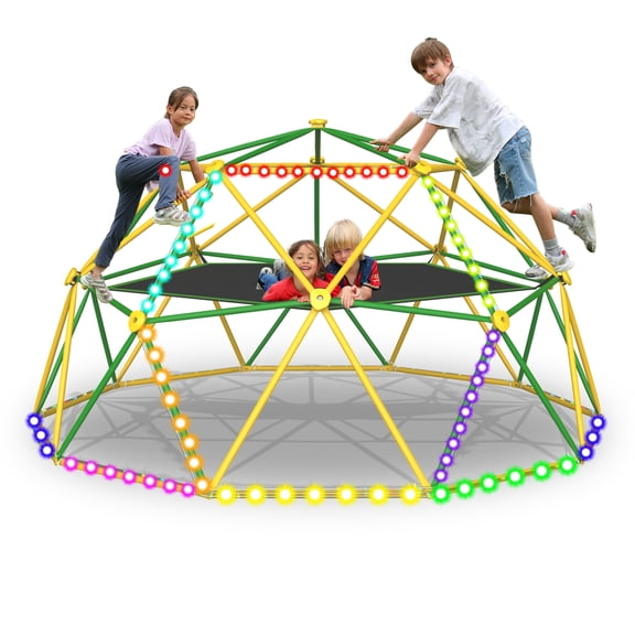 10FT Climbing Dome with Hammock and Led String Light,Fashionsport Outfitters Kids Geometric Climber Dome Jungle Gym Outdoor Play Toddler Play Set for Ages 3-12, Supports up to 880lbs