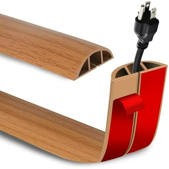 GJX 10FT Cord Cover Floor Self Adhesive Floor Cable Management, Cord Hider Floor Power Cord Cover, Soft PVC Cable Protector for Offices, Living Room, Gym, Brown Wood, Cord Cavity: