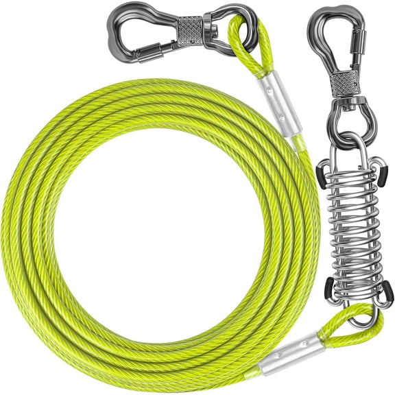 10FT Dog Tie Out Cable with Spring, Shock Absorbing Dogs Chain for Outside, Multiple Heavy Duty Tether Leads for Yard for Medium & Large Dogs Up to 500 LBS Yellow Green,10FT