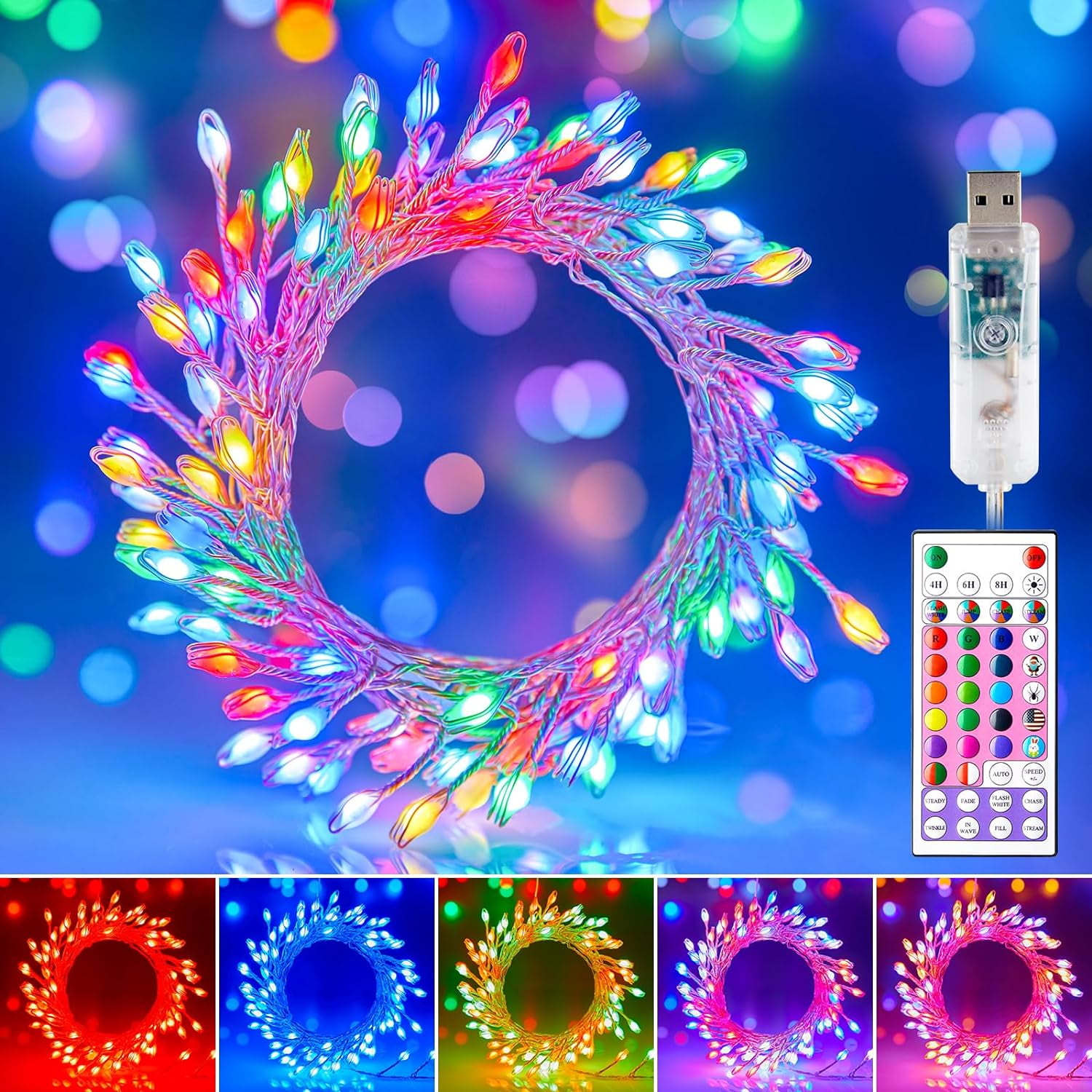 10FT Fairy Lights Color Changing - 100 LED 22 Colors Cluster Fairy ...
