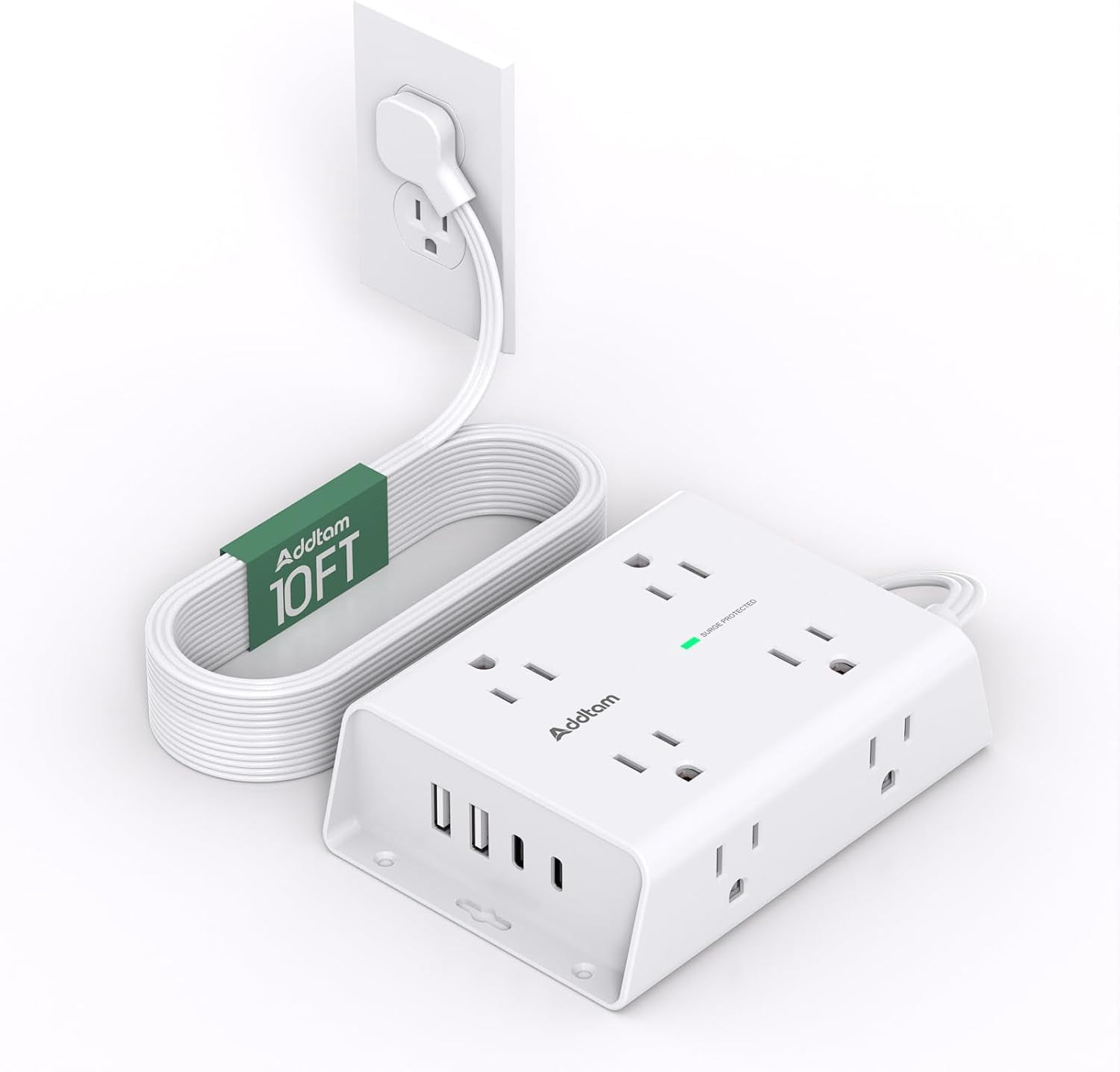 10FT Flat Plug Extension Cord with Multiple Outlets, Sur Protector ...
