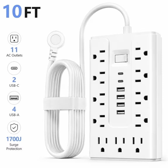 BOHASHIN 10FT Flat Plug Power Strip Surge Protector, 11 AC Outlets with 4 USB & 2 USB-C Ports, 1250W/10A Extension Cord, Overload Protection, Wall Mount for Home Office Dorm(White))