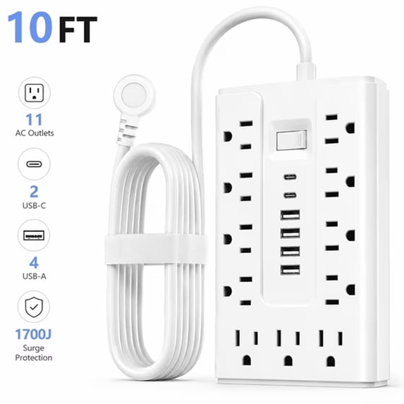 BOHASHIN 10FT Flat Plug Power Strip Surge Protector, 11 AC Outlets with 4 USB & 2 USB-C Ports, 1250W/10A Extension Cord, Overload Protection, Wall Mount for Home Office Dorm(White))