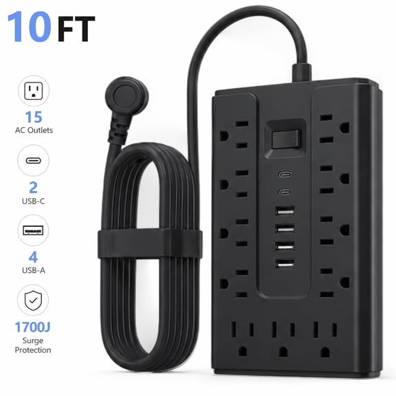 10FT Flat Plug Power Strip Surge Protector, 11 AC Outlets with 4 USB & 2 USB-C Ports, 1250W/10A Extension Cord, Overload Protection, Wall Mount for Home Office Dorm(Black))