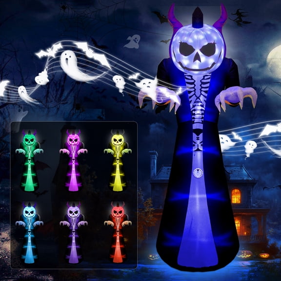10FT Halloween Inflatable Outdoor Decoration 7 Color RGB Light, Scream Sound Grim Reaper Ghost Halloween Inflatables with Pumpkin Head, Blow Up Yard Decorations for Holiday Party Garden