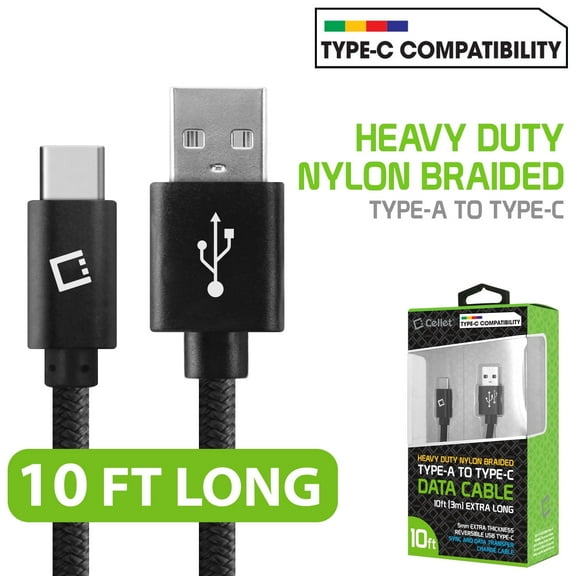 10FT Heavy Duty Nylon Braided USB-A to USB Type-C Data Charger Cable
