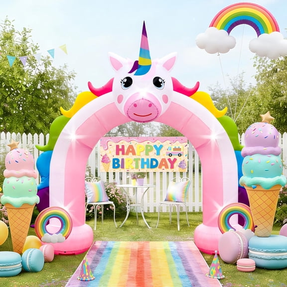 10FT Inflatable Unicorn Arch Outdoor Decorations Giant Blow Up Unicorn Rainbow Built-in 5 LED Lights for Unicorn Girls Birthday Party Wedding Baby Shower Garden Yard Lawn Y101