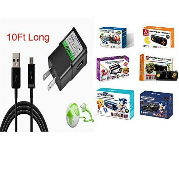 10FT Long Charger Set for ATGAMES Namco Atari Legends Activision Coleco Flashback Blast Portable Sega Flashback Portable & PS1 Classic NES SNES Classic Coleco mini + 2019 Sega Genesis Mini