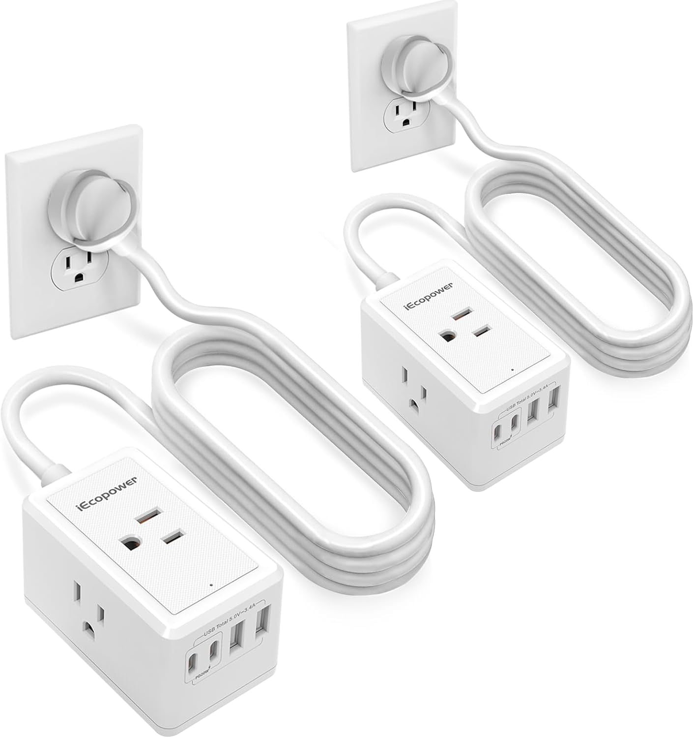 10FT Long Surge Protector -with 3 Widely Outlets and 4 USB Ports(2 USB-C Port,PD20W Fast Charging),10 Foot Extension Cord(1250W/10A),Wall Mount for Home Office,900 J,White(2 Pack)
