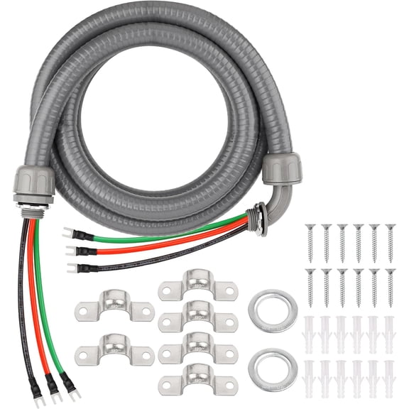 10FT Non-Metallic Liquid-Tight Conduit Kit, 1/2" Pre-Wired Electrical Whip with 310AWG THHN Copper Wires & Pre-Installed Terminals, 90 & Straight Connectors, Outdoor HVAC A/C Wiring