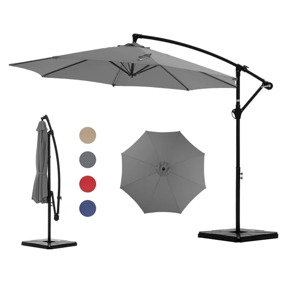 10FT Offset Patio Umbrella with Base, Cantilever Outdoor Hanging Umbrella with Easy Crank, 8 Ribs, UV-Resistant & Vented Canopy Sun Shade for Patio, Pool, Backyard, Deck, Garden, Gray