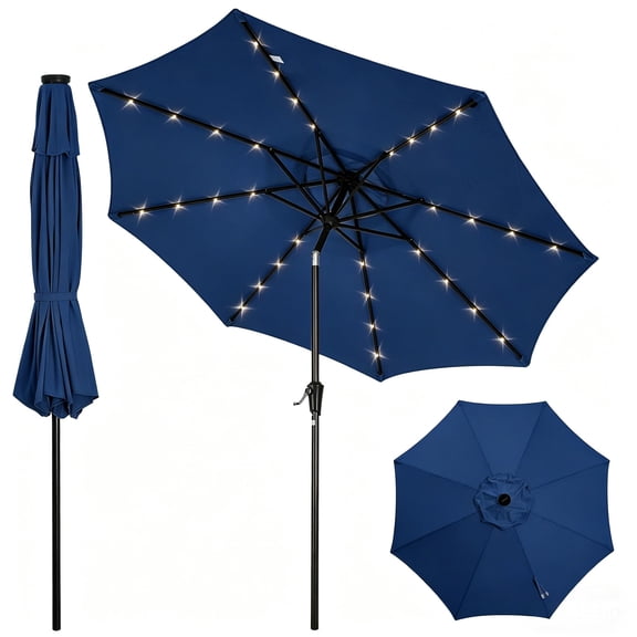 10FT Outdoor Patio Umbrella, with 32 Solar LED Lights, Outdoor Table Umbrella with Push Button Tilt and Crank, Market Umbrella 8 Sturdy Ribs UV Protection Waterproof for Pool