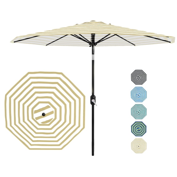 10FT Outdoor Patio Umbrella with 8 Sturdy Ribs, Crank Lift and Push Button Tilt, UV Protection Waterproof Market Table Umbrella for Pool Deck Yard, Tan & White Stripes(Base NOT Included)