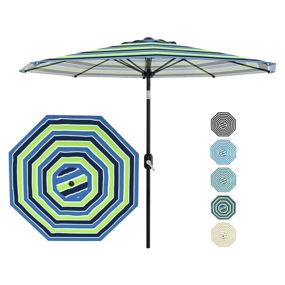 10FT Outdoor Patio Umbrella with 8 Sturdy Ribs, Crank Lift and Push Button Tilt, UV Protection Waterproof Market Table Umbrella for Pool Deck Yard, Tricolor Stripes (Base NOT Included)