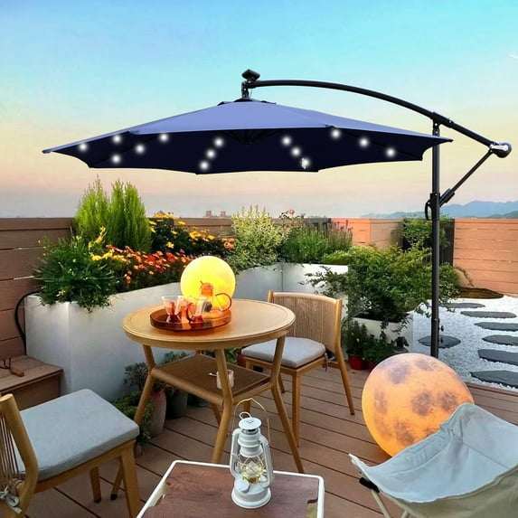 10FT Outdoor Patio Umbrella with Solar Powered LED Lighted Sun Shade, Waterproof 8 Ribs Umbrella with Crank and Cross Base, Extra Large Umbrella for Garden, Deck, Swimming Pool