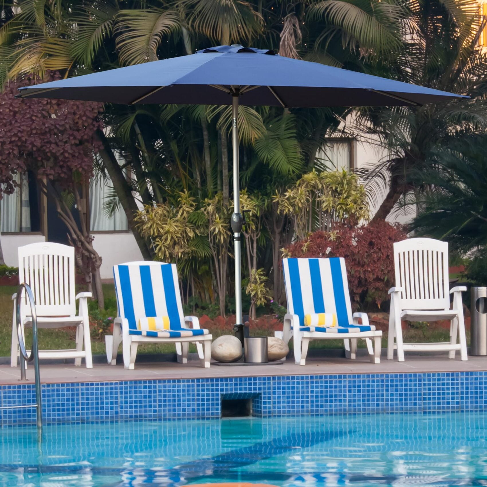 10FT Outdoor Patio Umbrella, Table Umbrella with Push Button Tilt, 8 Sturdy Ribs and Crank, UV Protection Waterproof Market Sun Umbrella for Garden, Deck, Backyard, Pool, Navy Blue