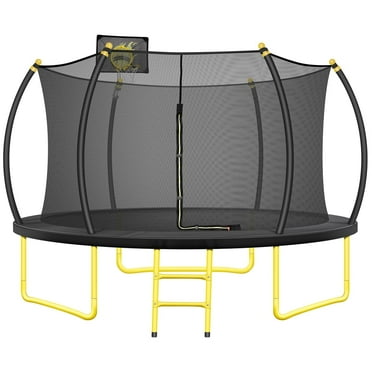 10FT Outdoor Trampoline for Kids and Adults, Large Pumpkin Trampoline with Basketball Hoop & Enclosure Net, Heavy Duty Recreational Trampolines with Ladder for Backyard, Yellow