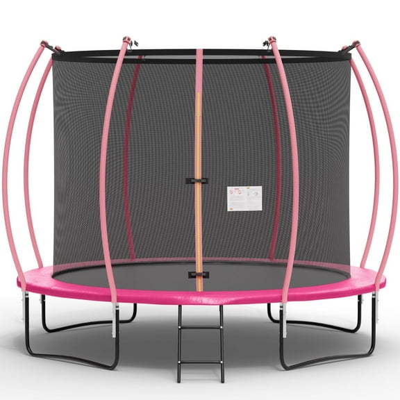 10FT Outdoor Trampolines for Kids and Adults, Recreational Trampoline with Enclosure Net & Ladder, Round Trampoline 220 LBS Weight Capacity, Pink