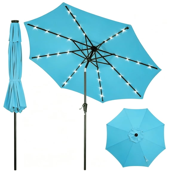 10FT Patio Umbrella with 32 Solar LED Lights, Outdoor Table Market Umbrella with Tilt & Crank, 8 Sturdy Iron Ribs Sun Shade for Garden Deck Backyard Pool  Turquoise Blue