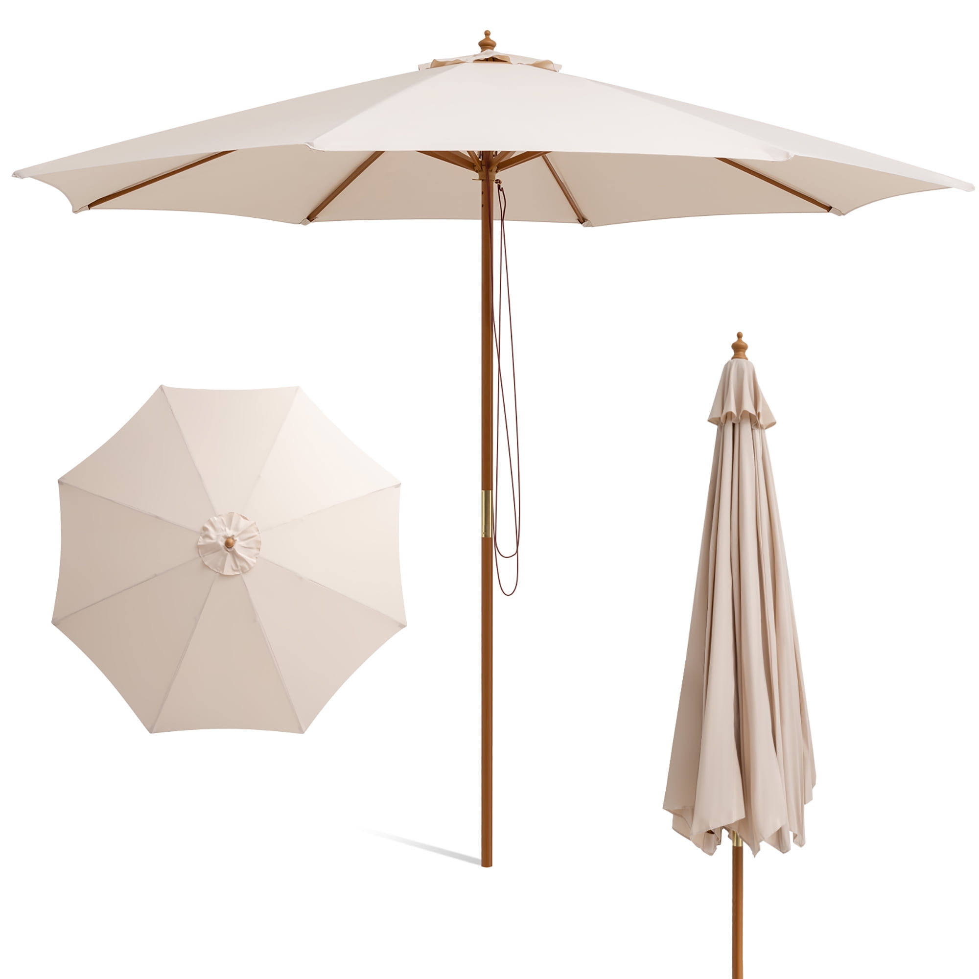 Beige 10ft Wooden Market Umbrella with Pulley System and Fabric Canopy