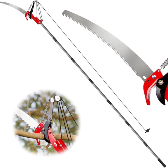 10FT Pole Saw for Tree Trimming, Manual Tree Pruner with Steel Blade & Scissors, Long Handle Branch Cutter Pole, Extendable Limb Trimmer for High Branches, Yard Garden Pruning Saw
