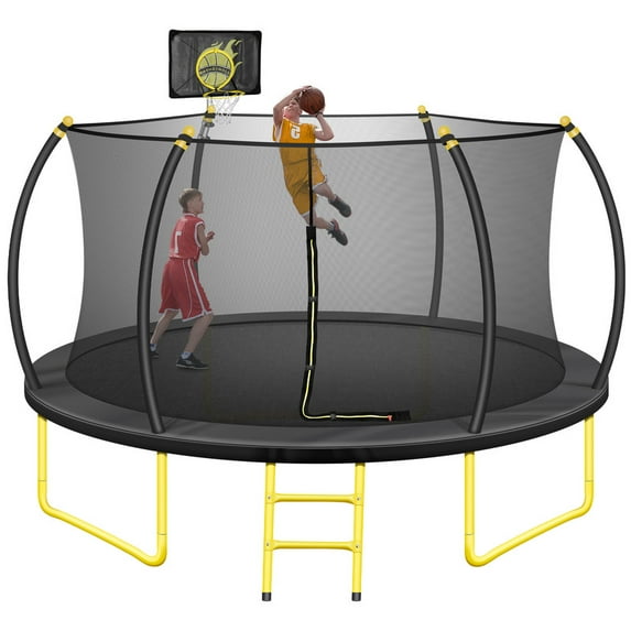 10FT Pumpkin Trampoline with Basketball Hoop for Kids Adults, Outdoor Round Recreational Trampoline with Enclosure Net, Yellow Ladder and Legs for Backyard, Weight Capacity 660LBS, Black